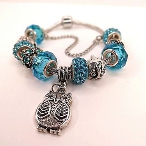 Tibetan Owl & Aqua Rhinestone Charm Bracelet